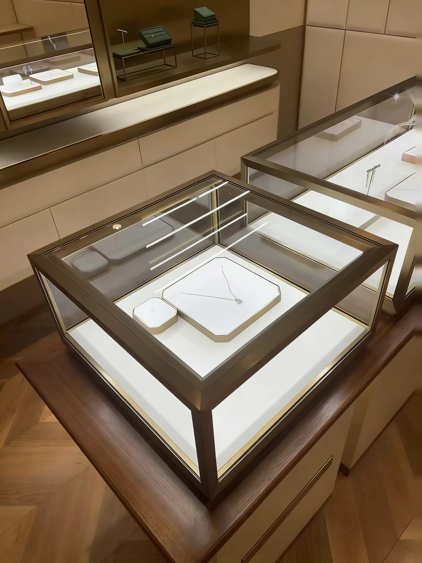 Close-up of square glass jewelry showcase